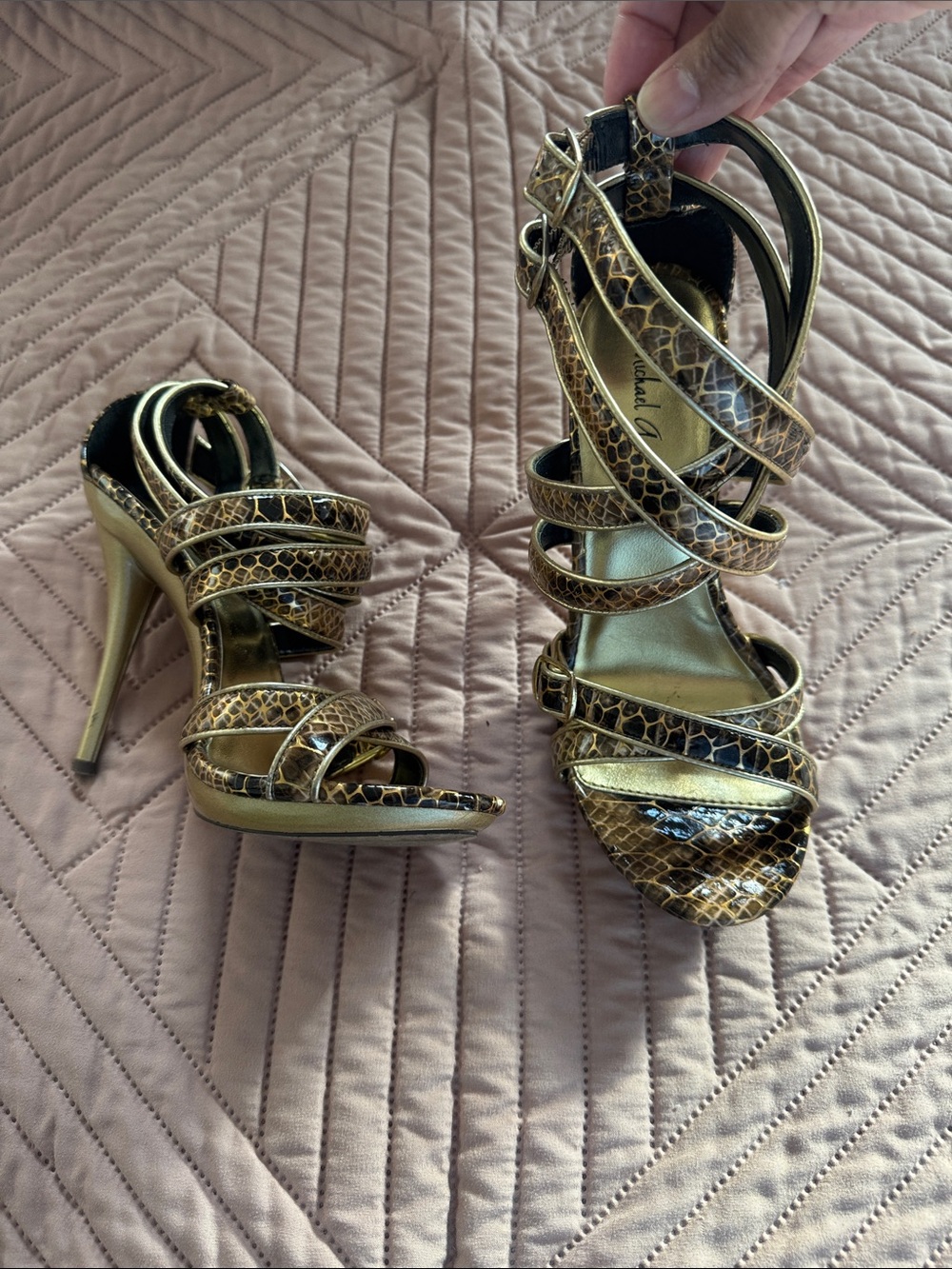 Michael Antonio Gold Snake-Print Strappy Stiletto Sandals
